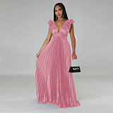 WHOLESALE | Black Ruffle Open Back Lace-up Pleated Maxi Dress