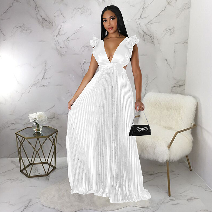 WHOLESALE | Black Ruffle Open Back Lace-up Pleated Maxi Dress