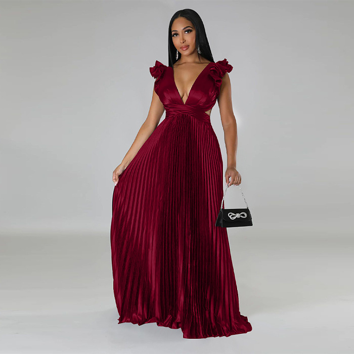 WHOLESALE | Black Ruffle Open Back Lace-up Pleated Maxi Dress