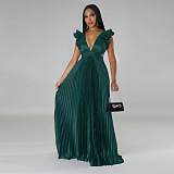 WHOLESALE | Black Ruffle Open Back Lace-up Pleated Maxi Dress