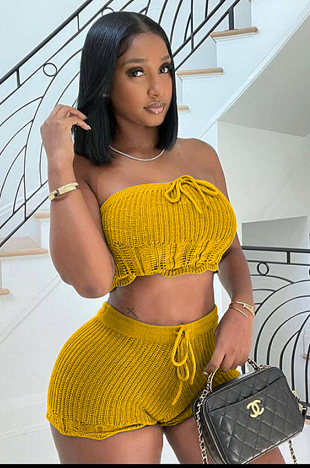 WHOLESALE | Knitted Fabric Shorts Set in Mustard