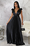 WHOLESALE | Black Ruffle Open Back Lace-up Pleated Maxi Dress