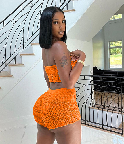 WHOLESALE | Knitted Fabric Shorts Set in Orange