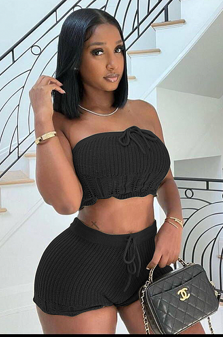 WHOLESALE | Knitted Fabric Shorts Set in Black