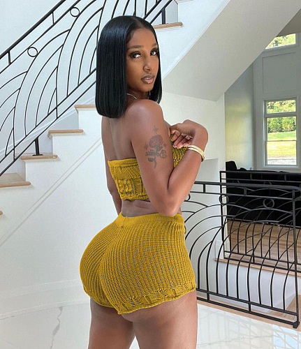WHOLESALE | Knitted Fabric Shorts Set in Mustard