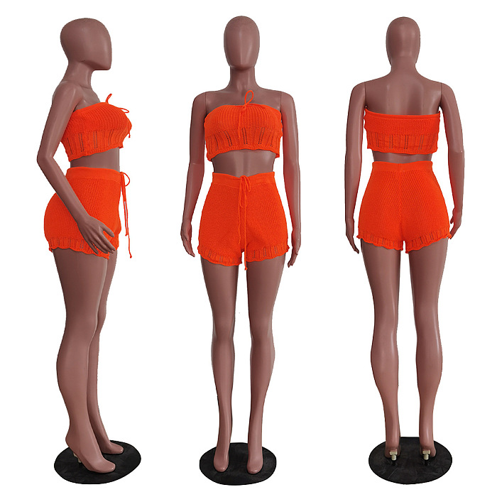 WHOLESALE | Knitted Fabric Shorts Set in Orange