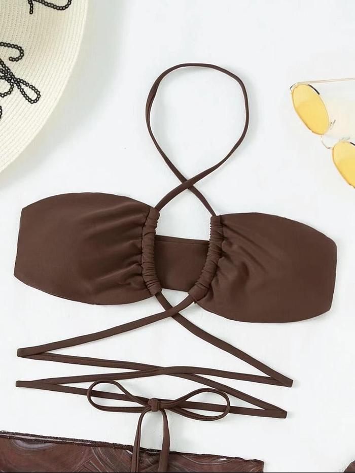 WHOLESALE | Marble Printed Halter 3 Piece Bikini in Coffee
