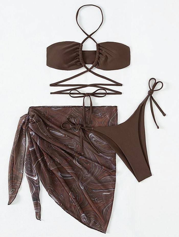 WHOLESALE | Marble Printed Halter 3 Piece Bikini in Coffee