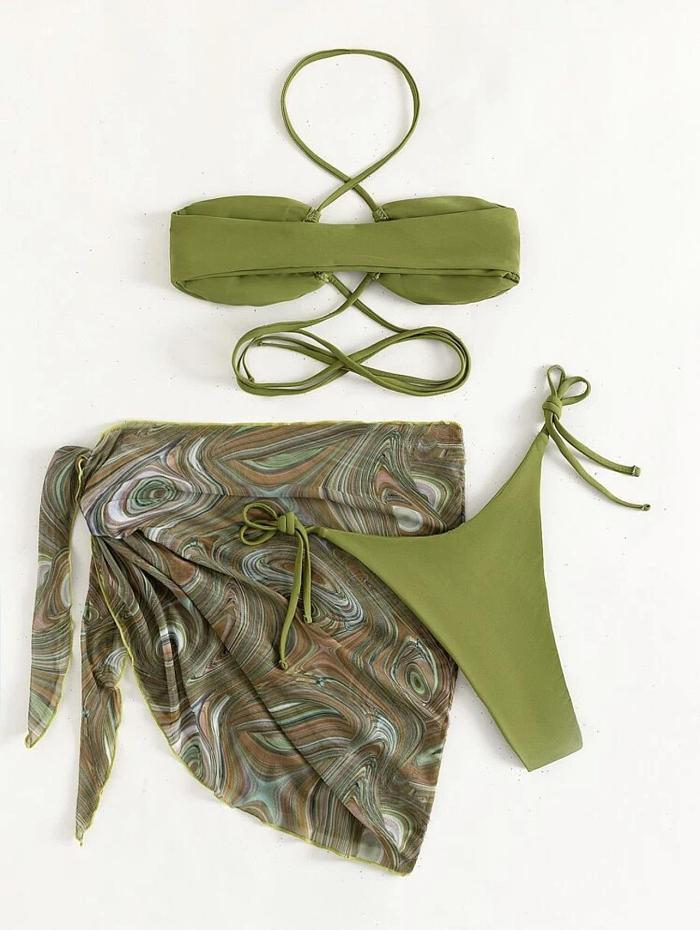 WHOLESALE | Marble Printed Halter 3 Piece Bikini in Coffee