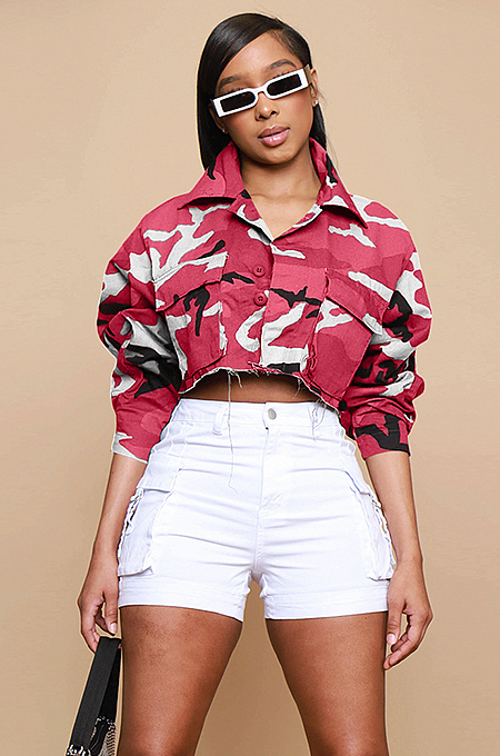 WHOLESALE | Camo Front Real Pocket Crop Jacket Rose Red