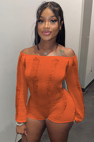 Dropped Shoulder Distressed Romper in Orange