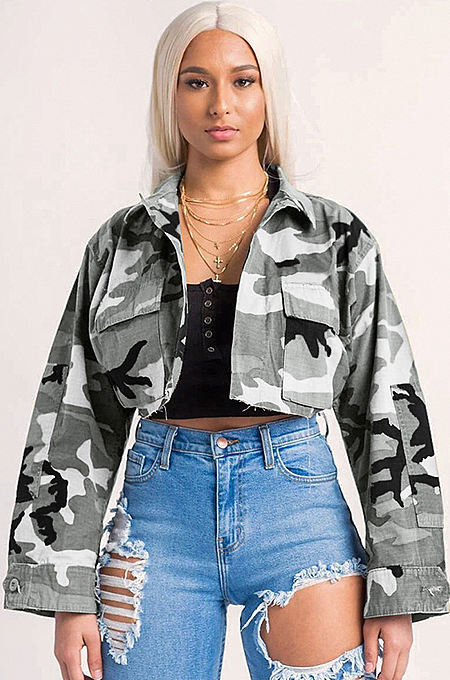 WHOLESALE | Camo Front Real Pocket Crop Jacket Grey