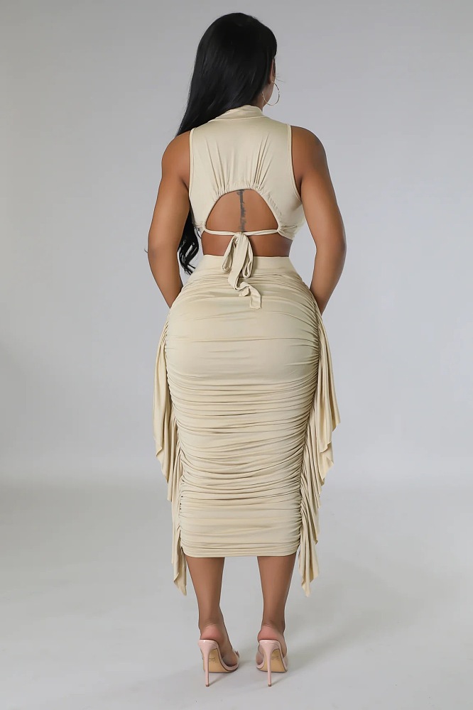 WHOLESALE | Crop Top &  Lutos Edge Skirt Set in Apricot