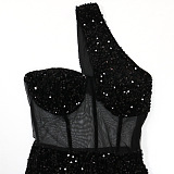 WHOLESALE | One Shoulder Sequins See-through Dress