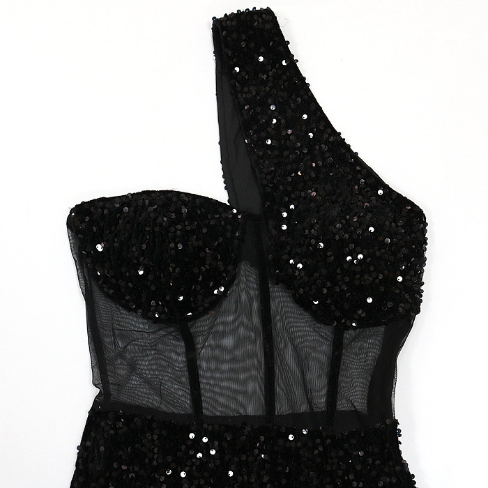 WHOLESALE | One Shoulder Sequins See-through Dress