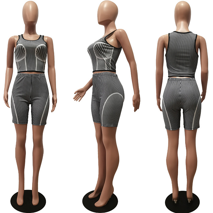WHOLESALE | Strip Printed High Elastic Tank Shorts Set
