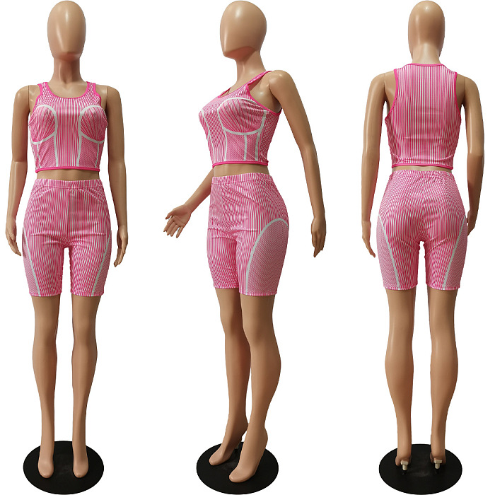 WHOLESALE | Strip Printed High Elastic Tank Shorts Set