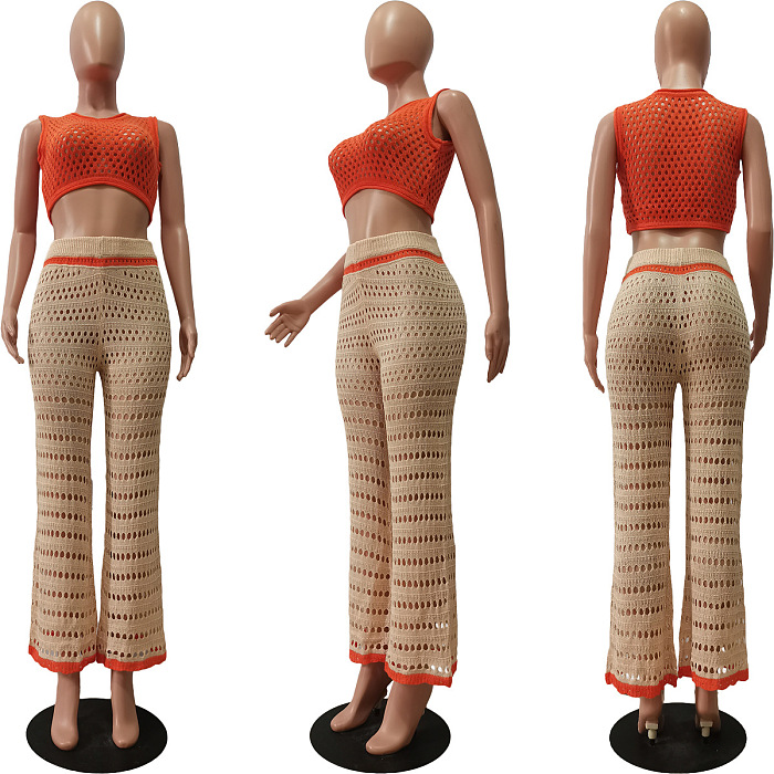 WHOLESALE | Knitted Off Shoulder Hollow-out Pants Set