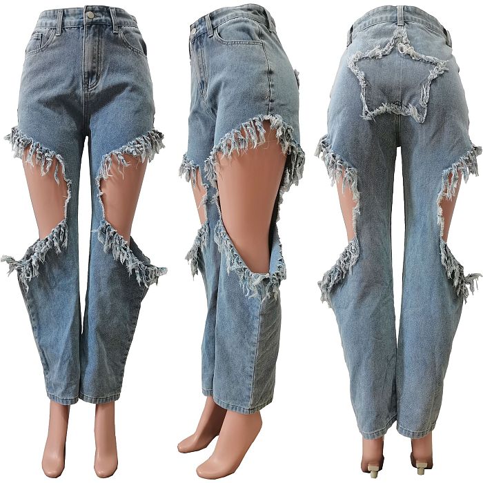 WHOLESALE | Side Hollow-out Tassel Hem Jeans