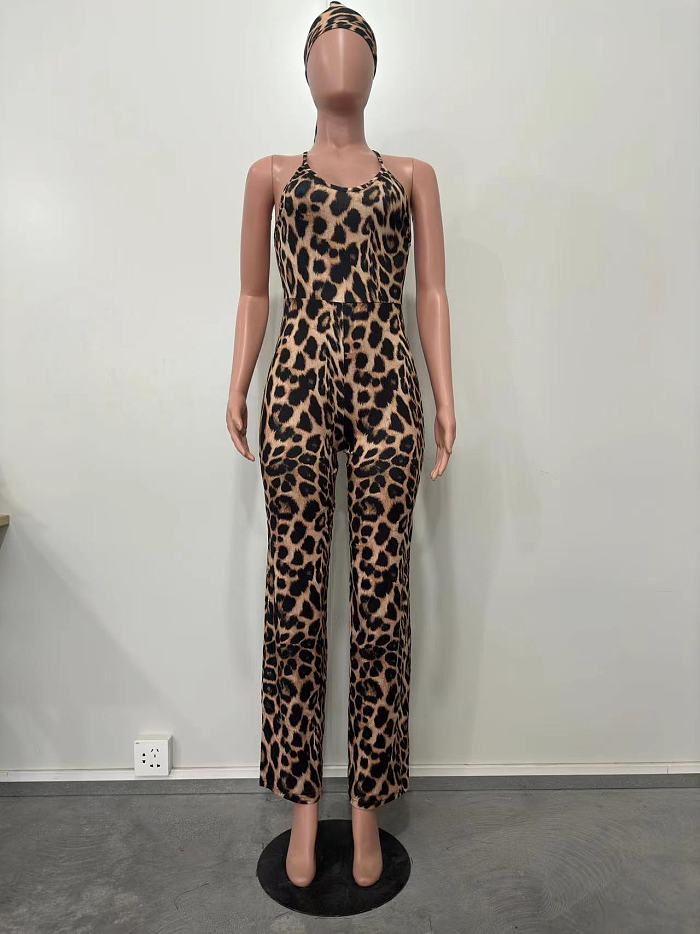 WHOLESALE | Leopard Print Sling Jumpsuit With Headscarf
