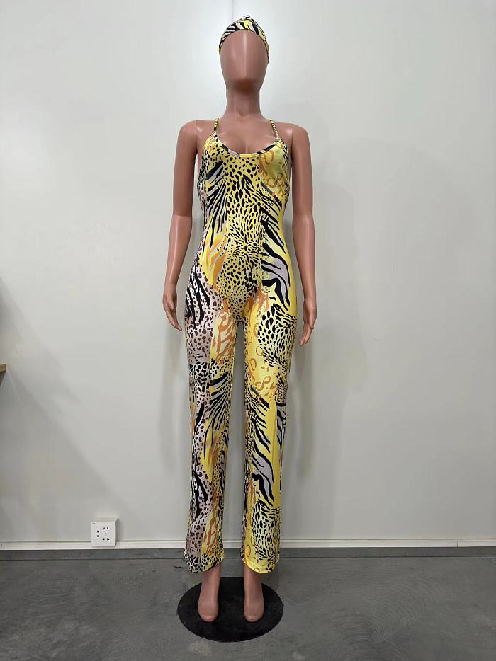 WHOLESALE | Leopard Print Sling Jumpsuit With Headscarf