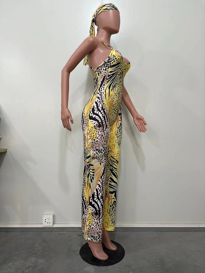 WHOLESALE | Leopard Print Sling Jumpsuit With Headscarf