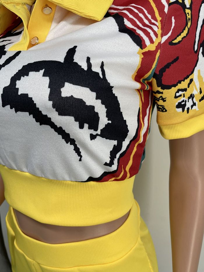 WHOLESALE | Print Rib Patchwork Two Piece Short Set