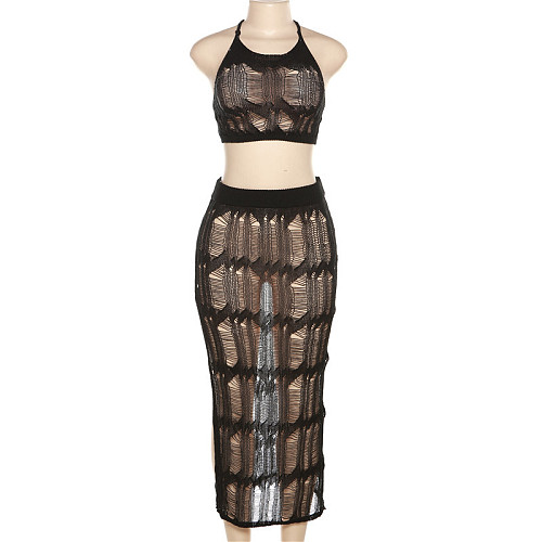 WHOLESALE | Knitted Back-tied Beach Skirt Set in Black