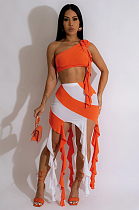 WHOLESALE | One Shoulder Two Tones Tassel Sklirt Set