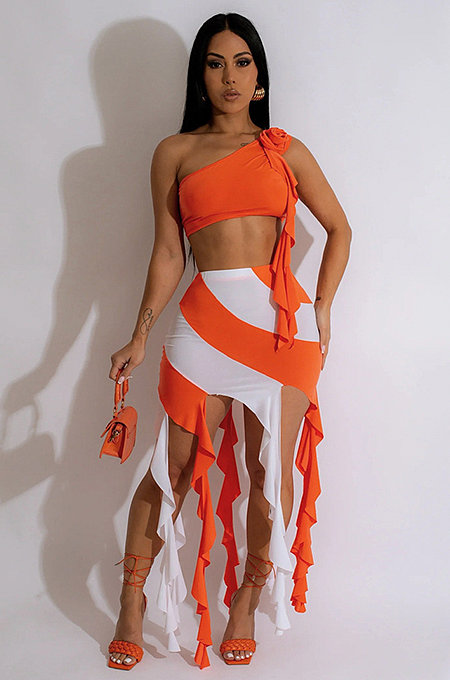 WHOLESALE | One Shoulder Two Tones Tassel Sklirt Set