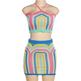 WHOLESALE | Color Panel Knitted Halter Skirt Set