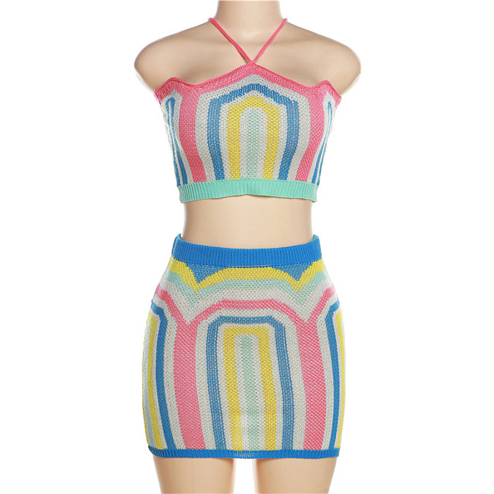 WHOLESALE | Color Panel Knitted Halter Skirt Set