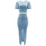 WHOLESALE |  Pitted Fabric Front Split Skirt Set