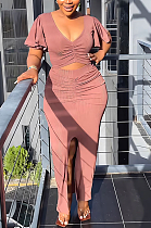 WHOLESALE |  Pitted Fabric Front Split Skirt Set