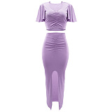 WHOLESALE |  Pitted Fabric Front Split Skirt Set