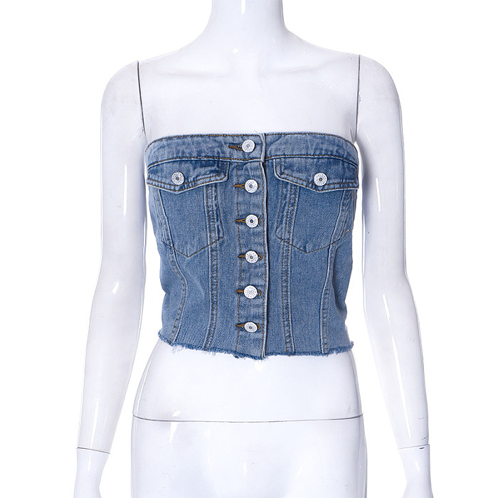 WHOLESALE | Denim Button Up Elastic Back Top
