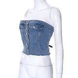 WHOLESALE | Denim Button Up Elastic Back Top