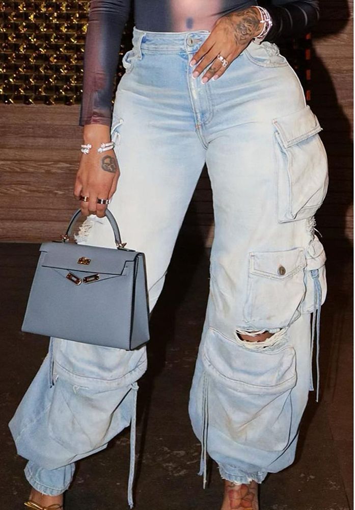 SUPER WHOLESALE |  Distress Pockets Loose Jeans