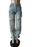 SUPER WHOLESALE |  Distress Pockets Loose Jeans