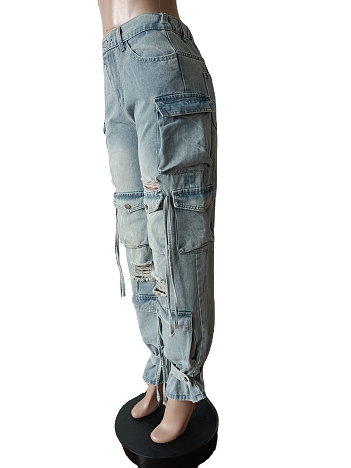 SUPER WHOLESALE |  Distress Pockets Loose Jeans