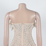 WHOLESALE | Back Zip Up Feather Deco Fake Pearl Dress