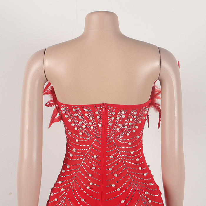 WHOLESALE | Back Zip Up Feather Deco Fake Pearl Dress