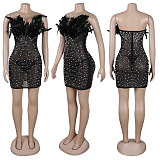 WHOLESALE | Back Zip Up Feather Deco Fake Pearl Dress