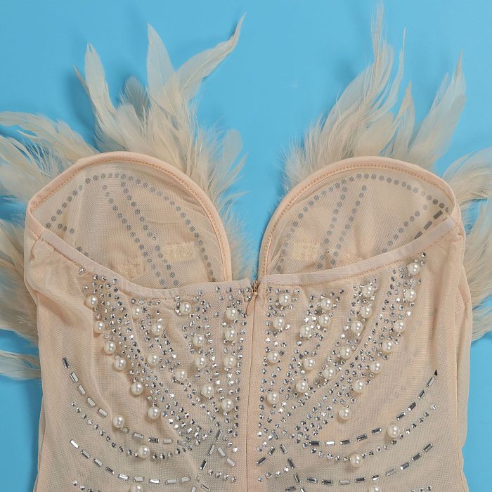 WHOLESALE | Back Zip Up Feather Deco Fake Pearl Dress