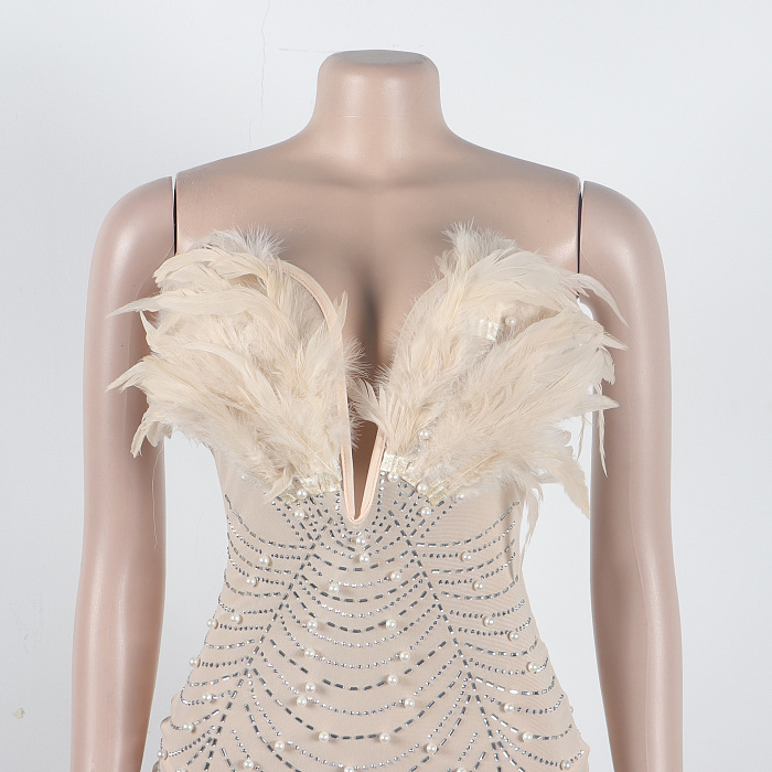 WHOLESALE | Back Zip Up Feather Deco Fake Pearl Dress