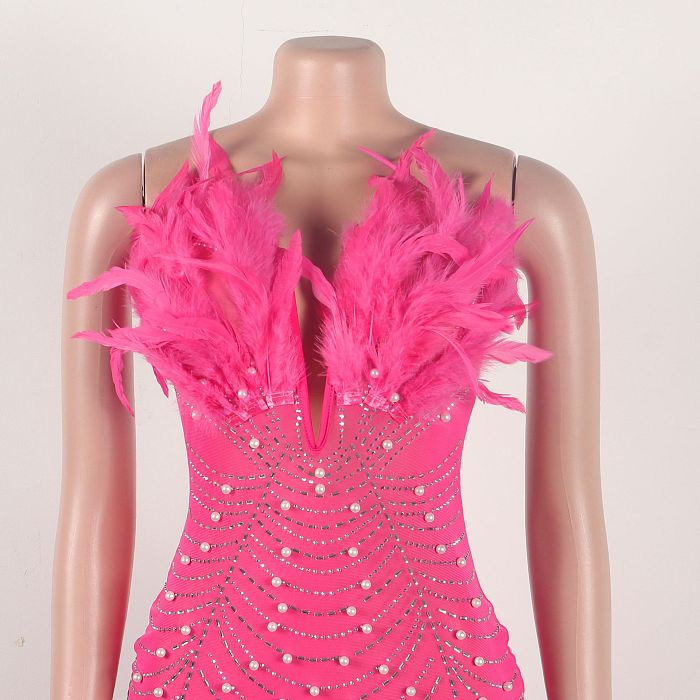 WHOLESALE | Back Zip Up Feather Deco Fake Pearl Dress