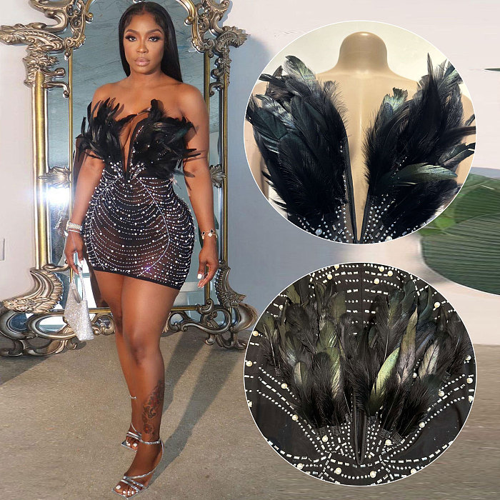 WHOLESALE | Back Zip Up Feather Deco Fake Pearl Dress