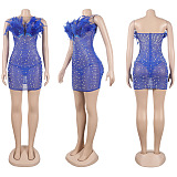 WHOLESALE | Back Zip Up Feather Deco Fake Pearl Dress