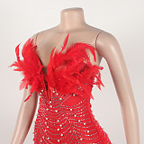 WHOLESALE | Back Zip Up Feather Deco Fake Pearl Dress