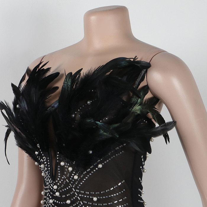 WHOLESALE | Back Zip Up Feather Deco Fake Pearl Dress